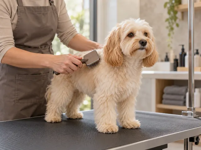 Illustrative grooming scene of a calm cream-coloured dog being gently brushed
