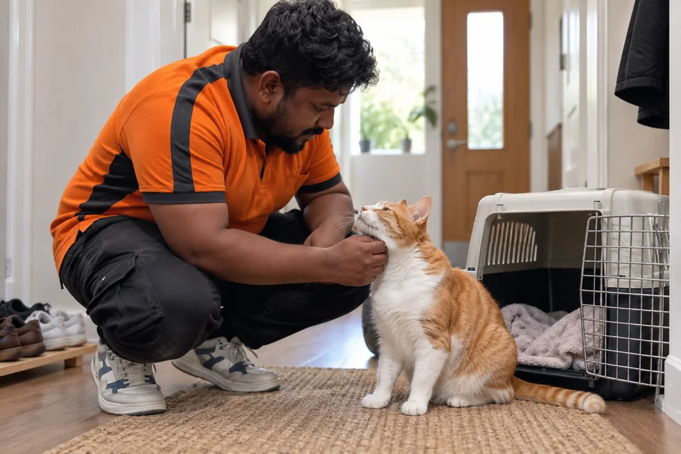 AI-created scene: Staff member reassuring a cat beside a carrier; not the reviewer’s pet