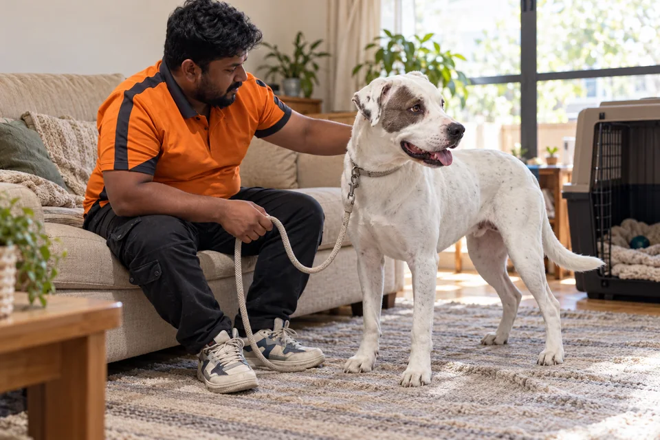 AI-created scene: Staff member reassuring a dog beside a sofa; not the reviewer’s pet