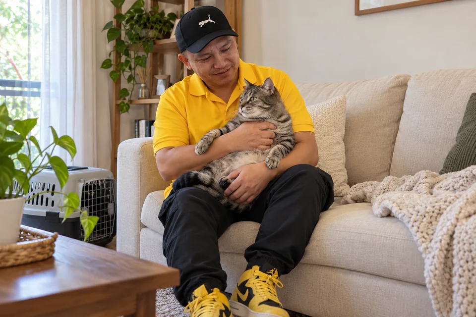 AI-created scene: Staff member holding a tabby cat on a sofa; not the reviewer’s pet