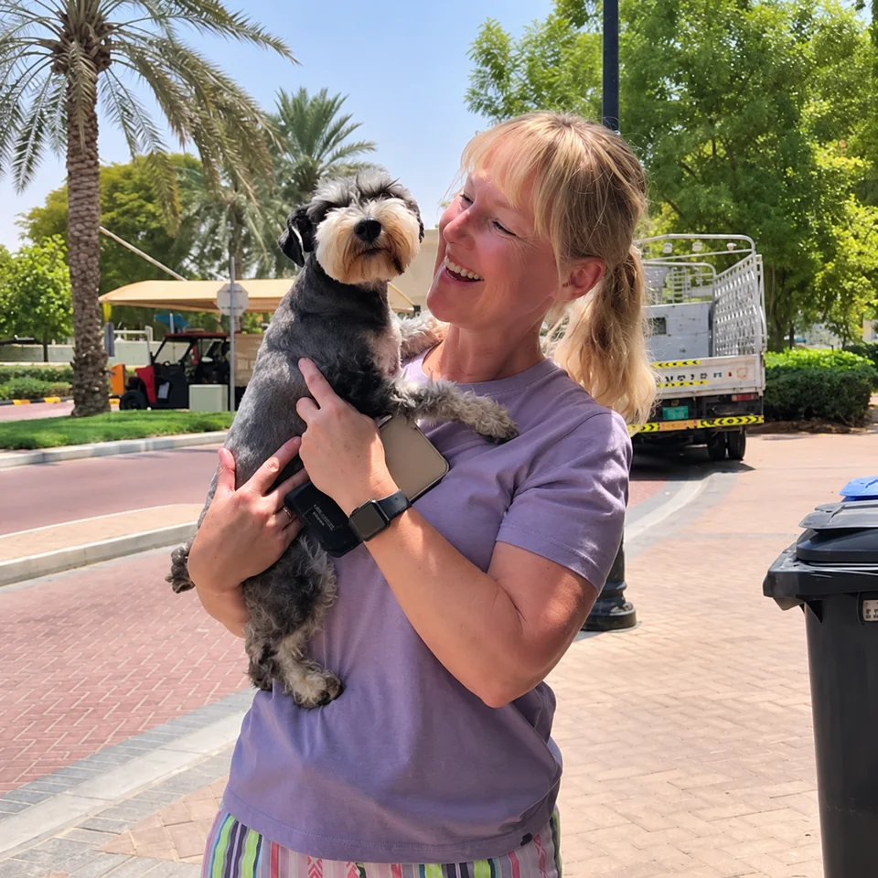 A smiling woman holding her small grey dog outdoors beneath palm trees.